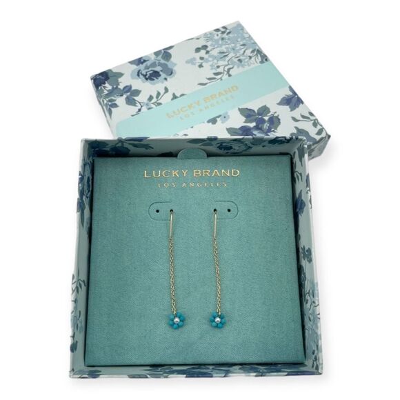 ~Lucky Brand Women's Turquoise Flower Gold Threader Earring NIB